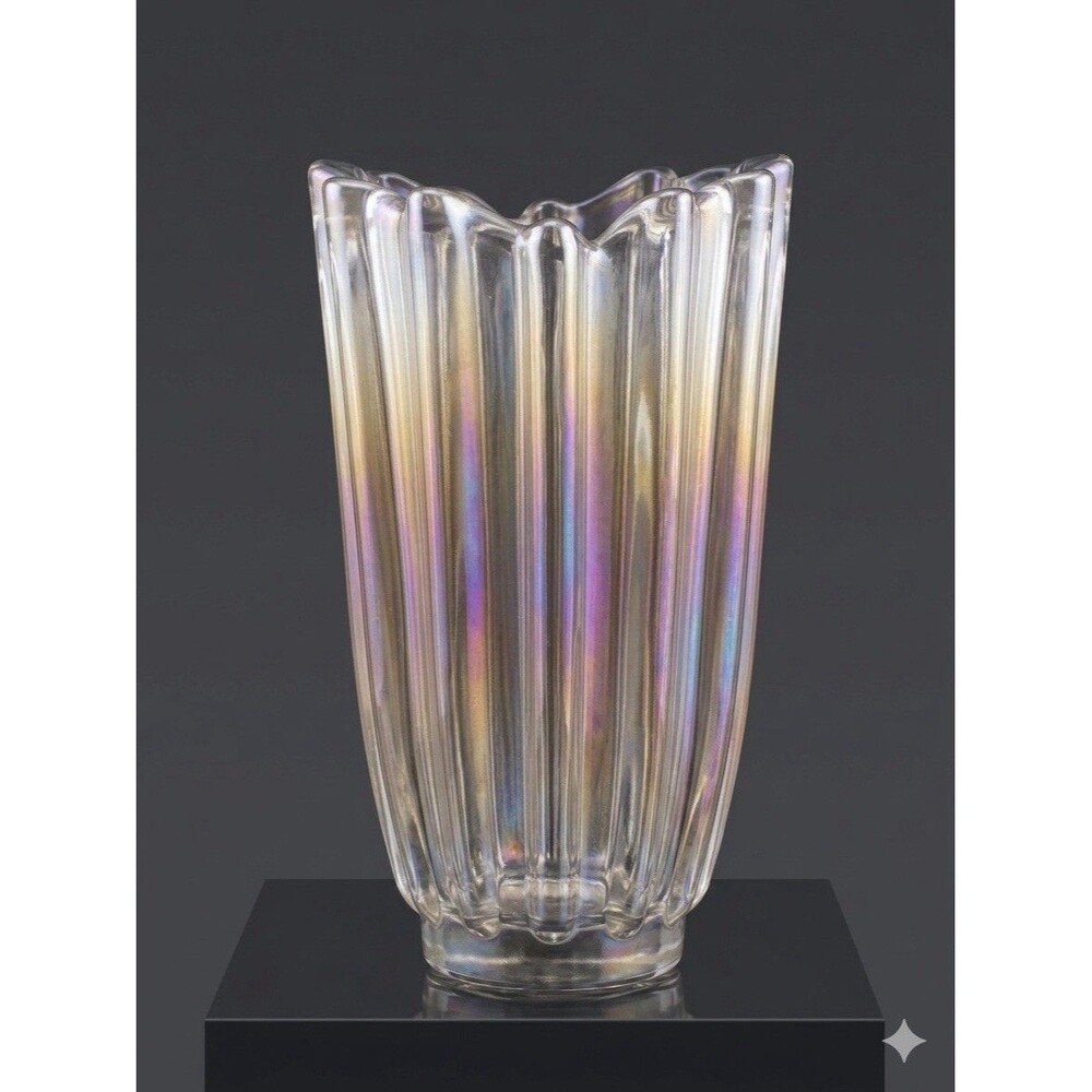 Vintage Iridescent Clear Art Glass Vase Ribbed Ruffled Handkerchief Heavy 5”x8”